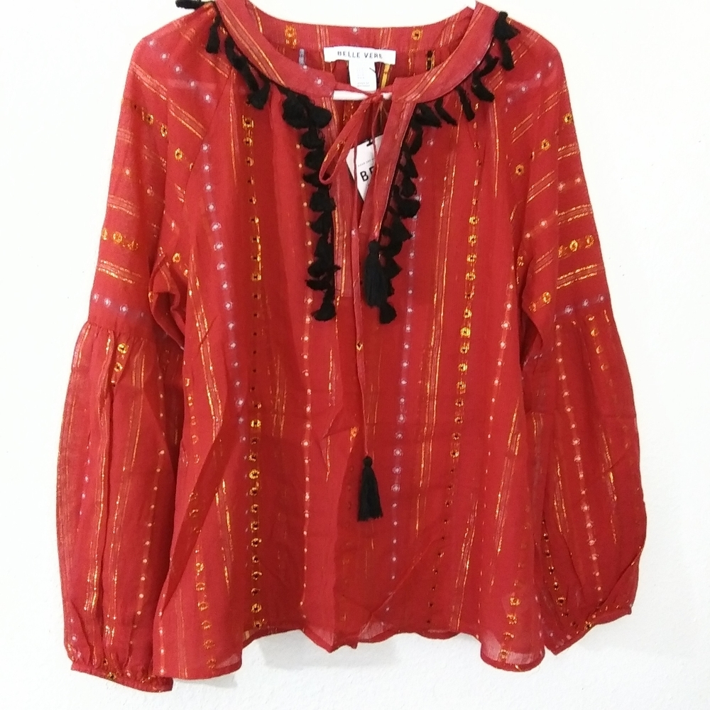 ANTHROPOLOGIE Belle Vere boho tassel blouse bubble sleeves Size Small